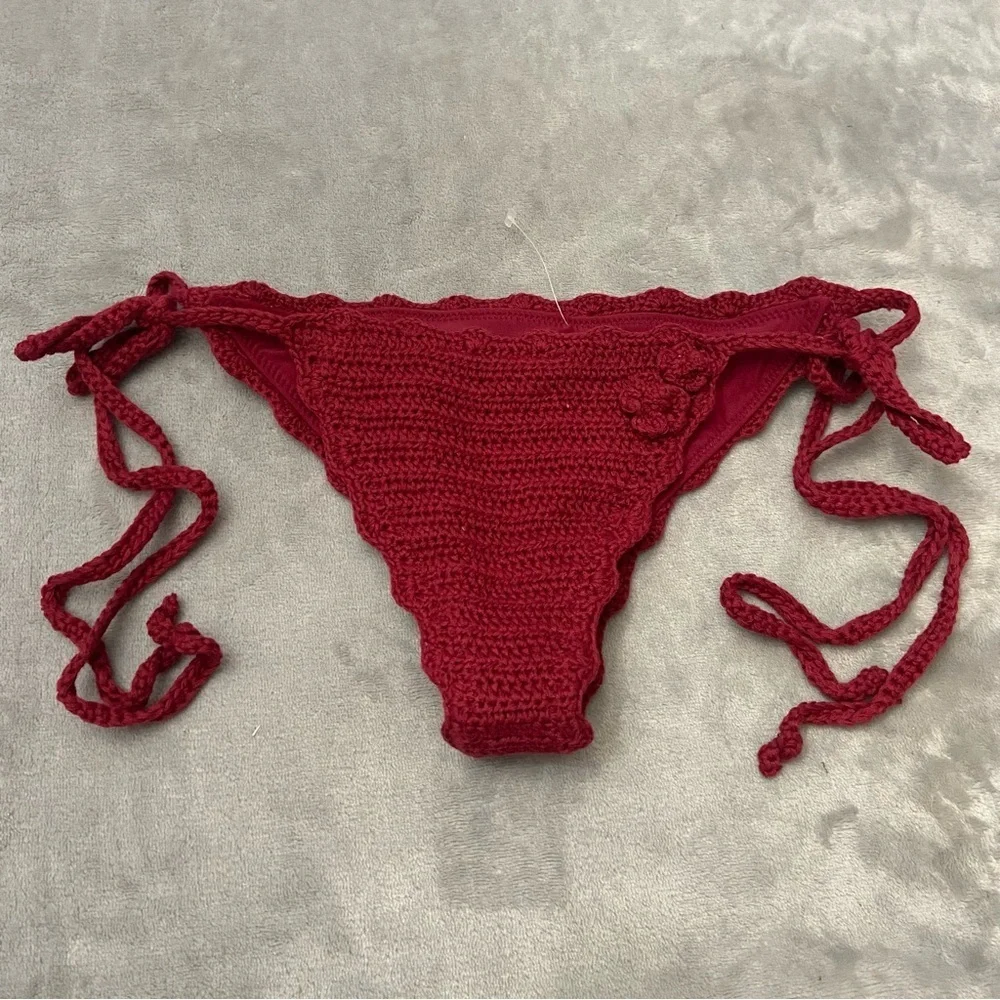 New! Frankie’s Bikinis Mackenzie String Crochet Ruby Bikini Bottom 4648